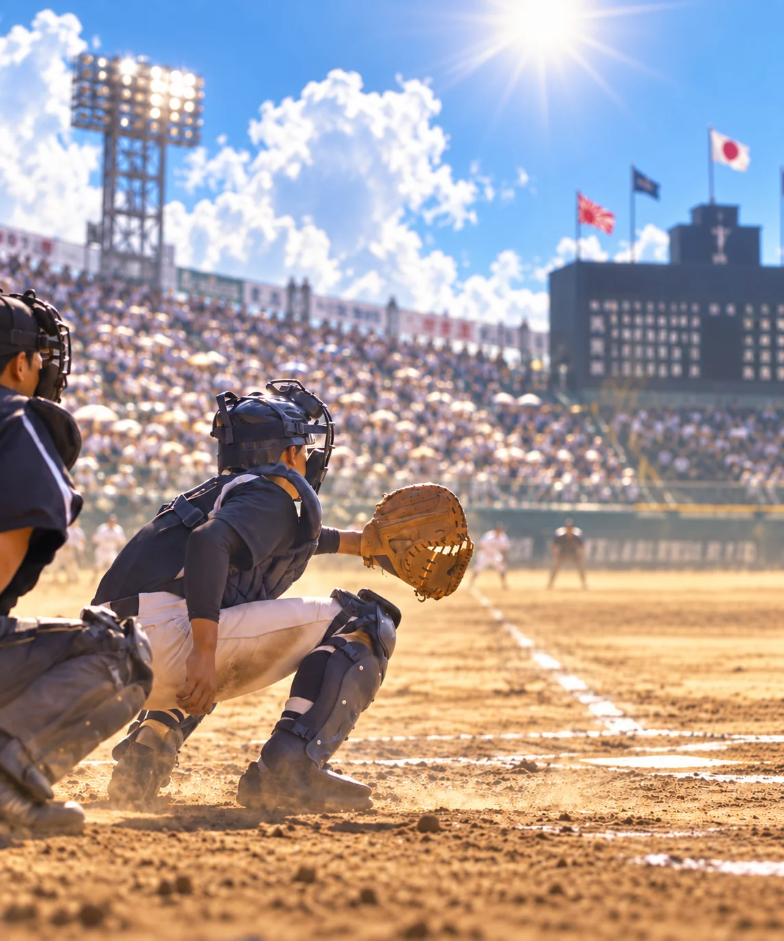 夏の甲子園球場で構えるキャッチャー